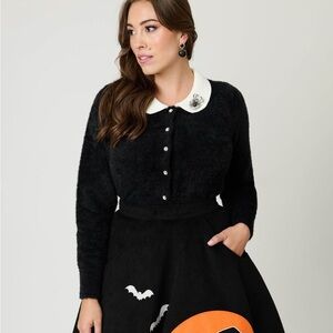 Unique Vintage Black Cardigan with White Collar